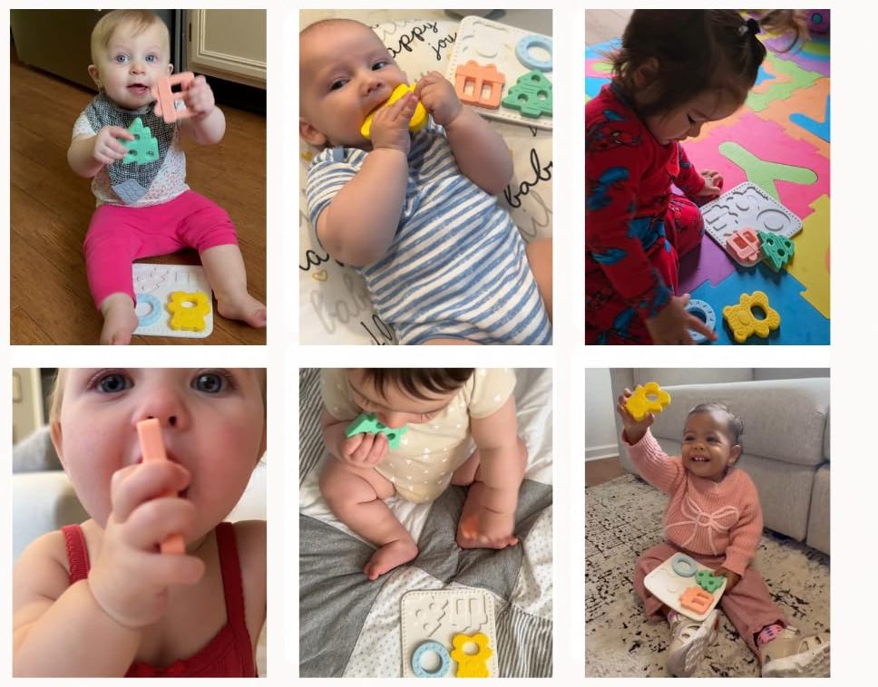 Real babies and toddlers playing with and chewing the Babylul teether puzzle